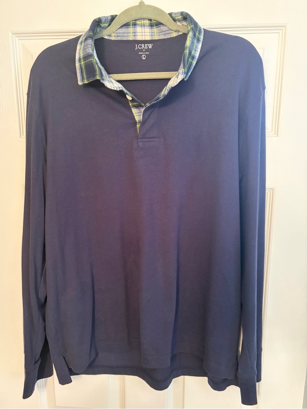 J.Crew Men's Long-Sleeve Polo Shirt Plaid Trim Collar Navy Blue Size L